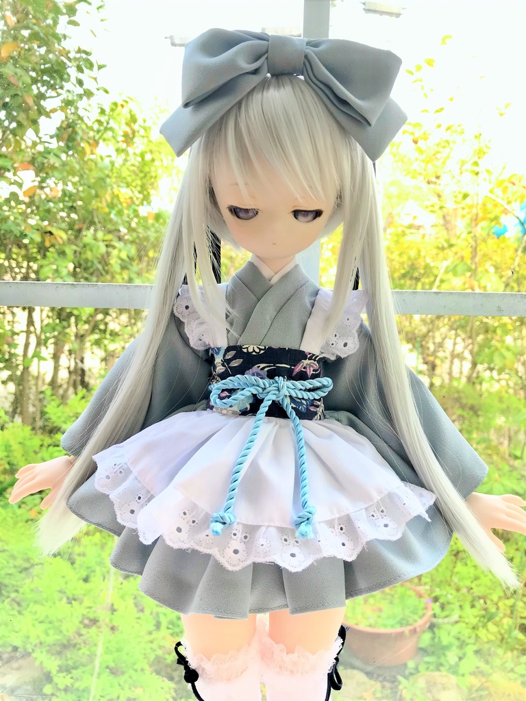 ■KUMAKOちゃん&MDDさん(40cmドール)用ミニ丈着物メイド服セット(水色)