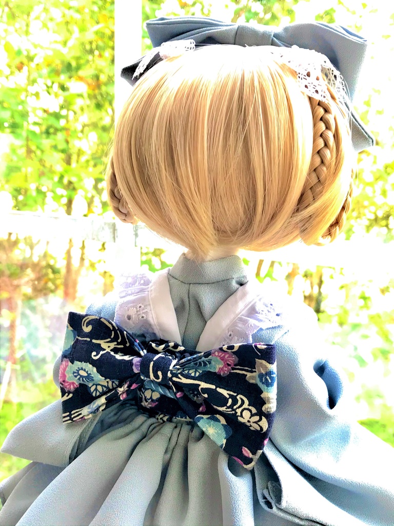 ■KUMAKOちゃん&MDDさん(40cmドール)用ミニ丈着物メイド服セット(水色)