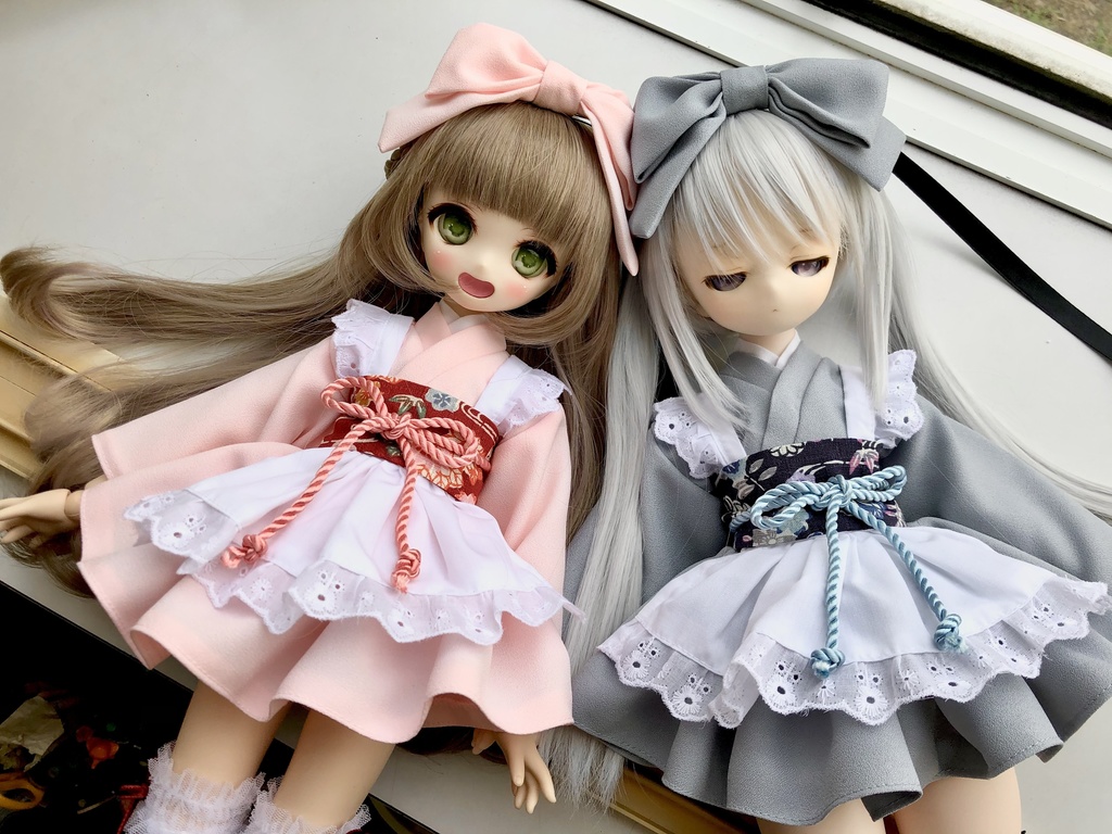 ■KUMAKOちゃん&MDDさん(40cmドール)用ミニ丈着物メイド服セット(ピンク)