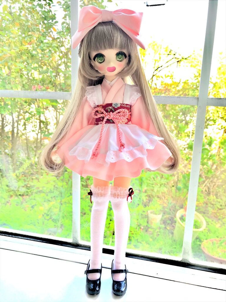 ■KUMAKOちゃん&MDDさん(40cmドール)用ミニ丈着物メイド服セット(ピンク)