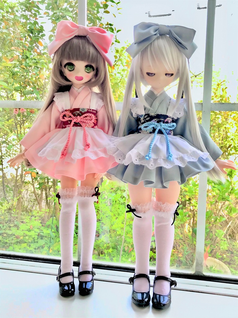 ■KUMAKOちゃん&MDDさん(40cmドール)用ミニ丈着物メイド服セット(ピンク)