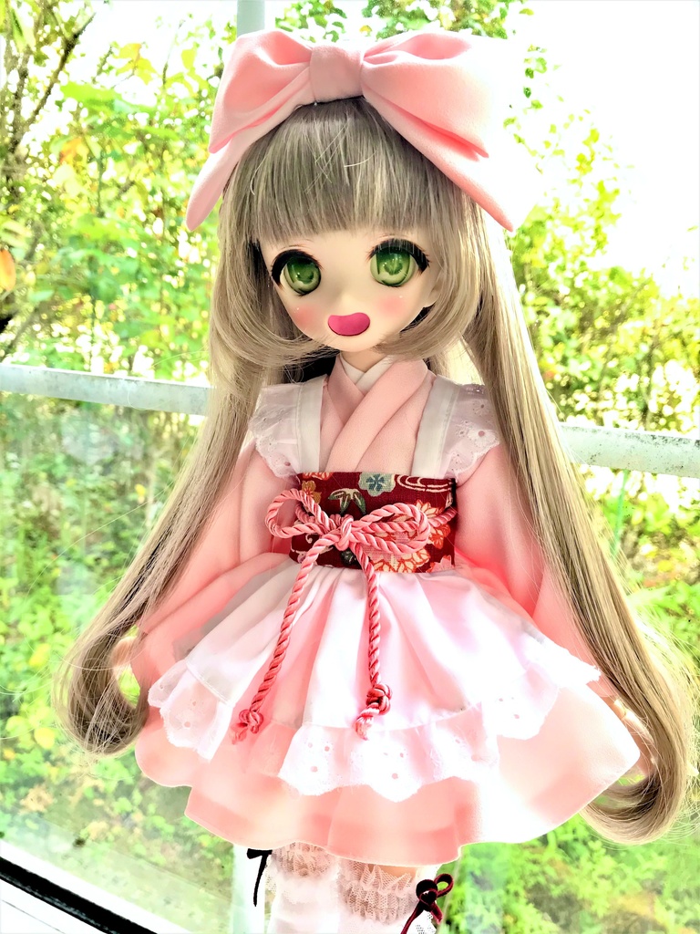 ■KUMAKOちゃん&MDDさん(40cmドール)用ミニ丈着物メイド服セット(ピンク)