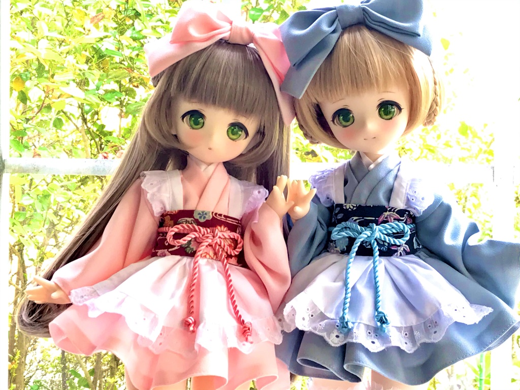 ■KUMAKOちゃん&MDDさん(40cmドール)用ミニ丈着物メイド服セット(ピンク)