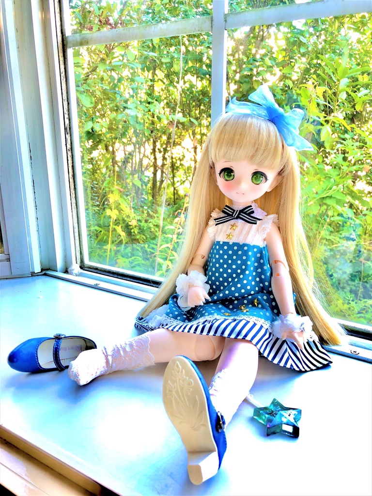 ■KUMAKOちゃん&MDDさん(40cmドール)用 ドット&ストライプのサマーワンピース(ブルー)