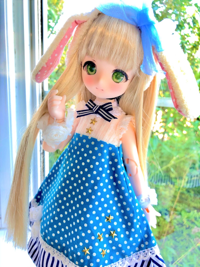 ■KUMAKOちゃん&MDDさん(40cmドール)用 ドット&ストライプのサマーワンピース(ブルー)