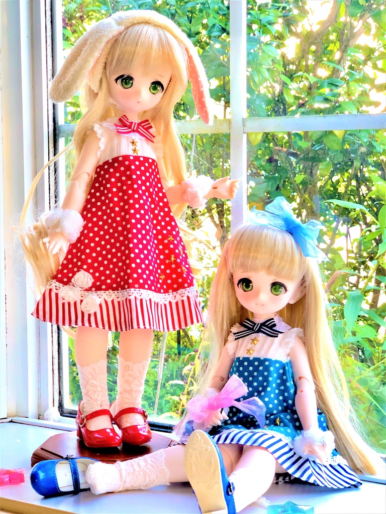 ■KUMAKOちゃん&MDDさん(40cmドール)用 ドット&ストライプのサマーワンピース(ブルー)