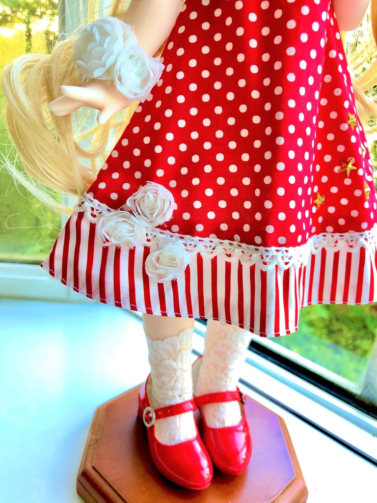 ■KUMAKOちゃん&MDDさん(40cmドール)用 ドット&ストライプのサマーワンピース(ブルー)