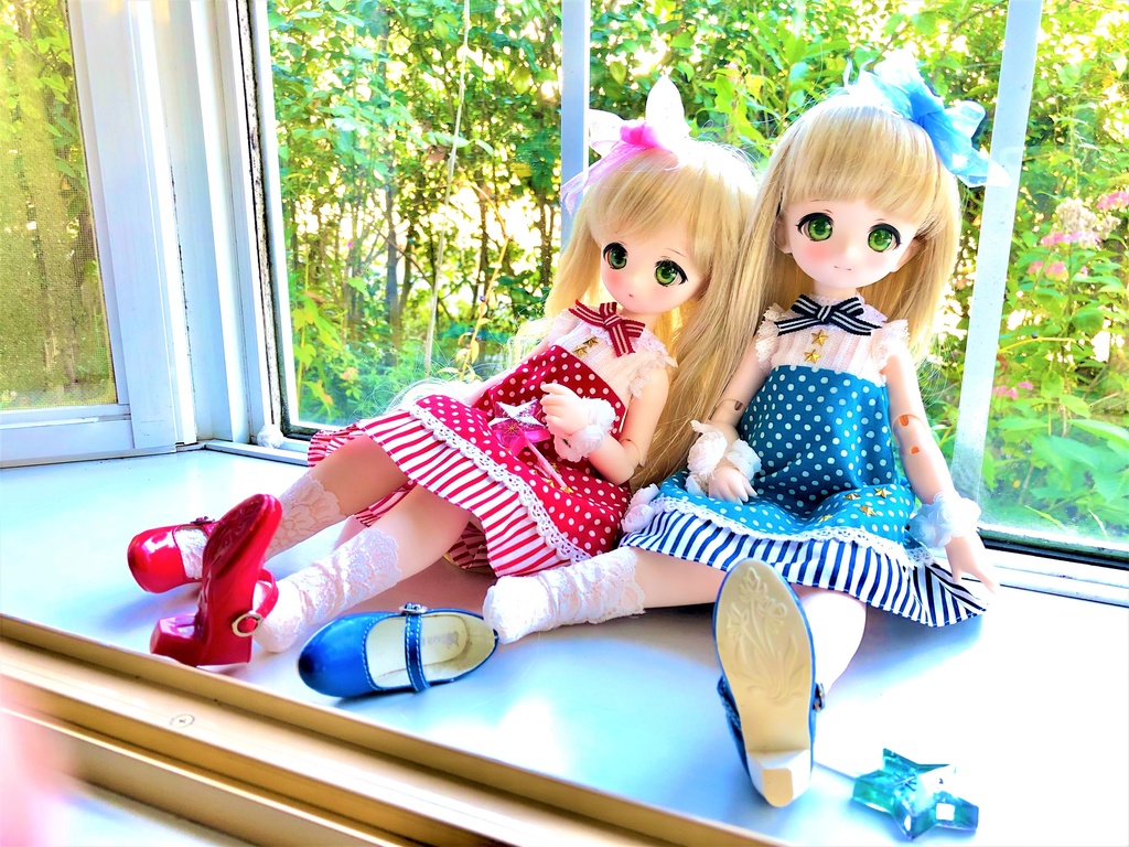 ■KUMAKOちゃん&MDDさん(40cmドール)用 ドット&ストライプのサマーワンピース(ブルー)