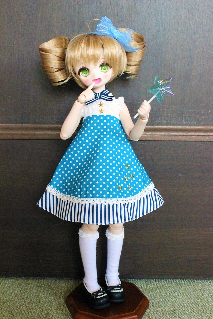 ■KUMAKOちゃん&MDDさん(40cmドール)用 ドット&ストライプのサマーワンピース(ブルー)