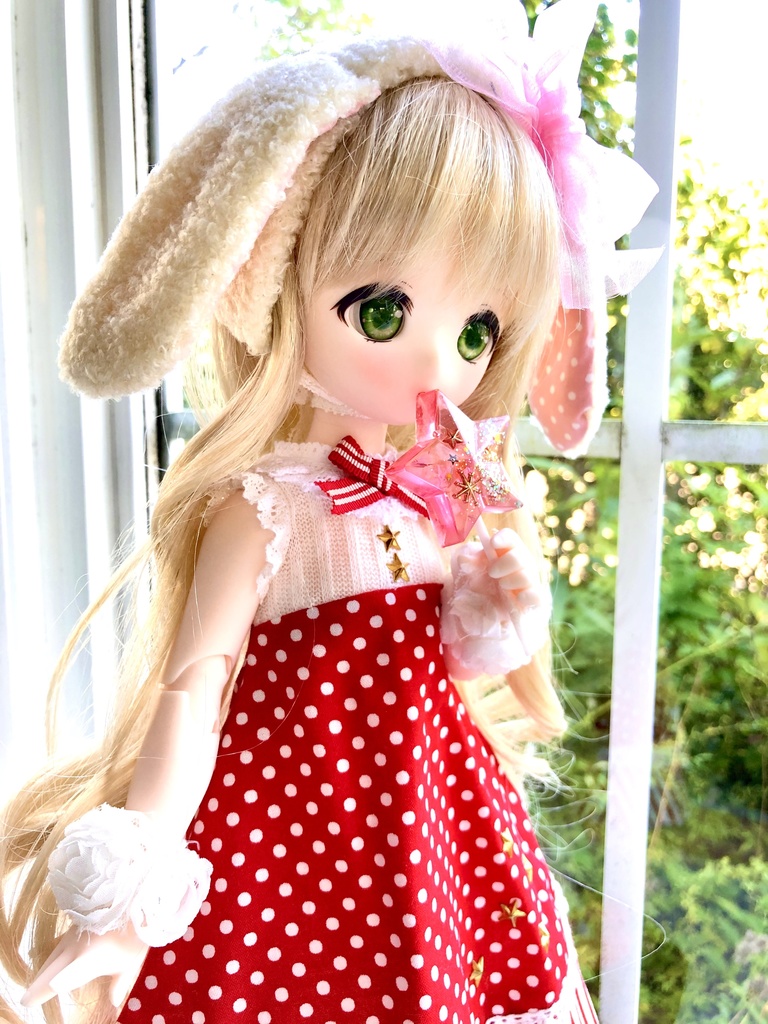 ■KUMAKOちゃん&MDDさん(40cmドール)用 ドット&ストライプのサマーワンピース(レッド)