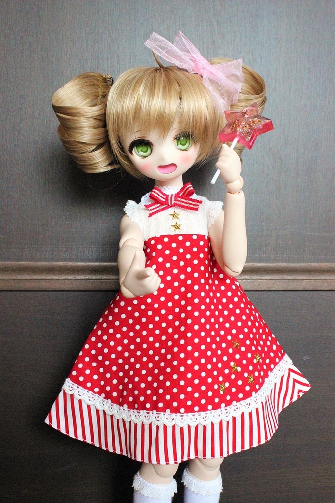 ■KUMAKOちゃん&MDDさん(40cmドール)用 ドット&ストライプのサマーワンピース(レッド)