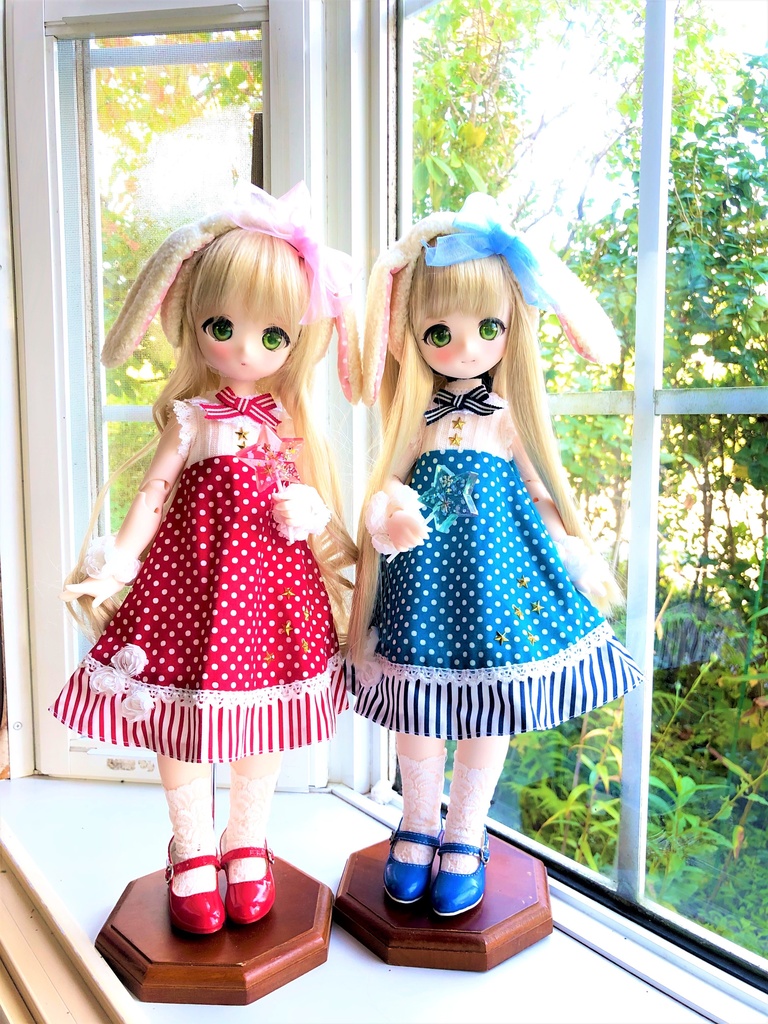 ■KUMAKOちゃん&MDDさん(40cmドール)用 ドット&ストライプのサマーワンピース(レッド)