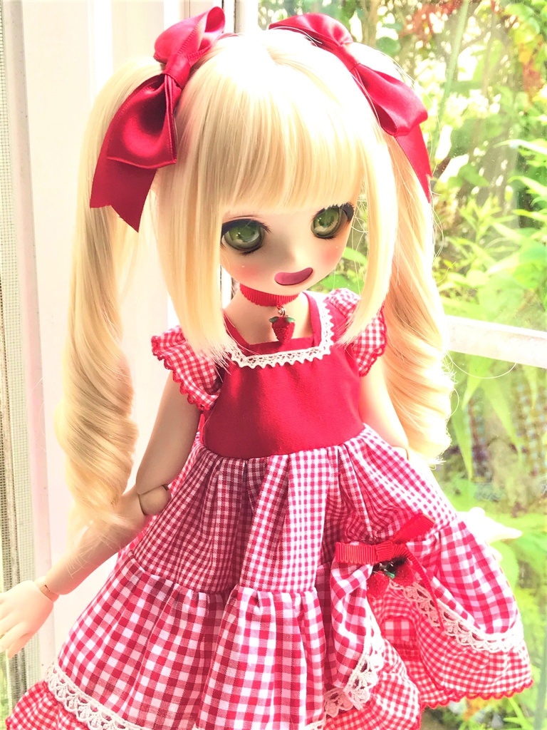 ■KUMAKOちゃん&MDDさん(40cmドール)用ギンガムチェックのティアードワンピース(黒)