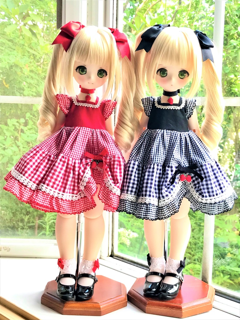 ■KUMAKOちゃん&MDDさん(40cmドール)用ギンガムチェックのティアードワンピース(黒)