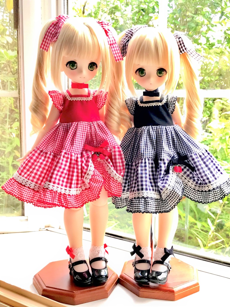 ■KUMAKOちゃん&MDDさん(40cmドール)用ギンガムチェックのティアードワンピース(黒)