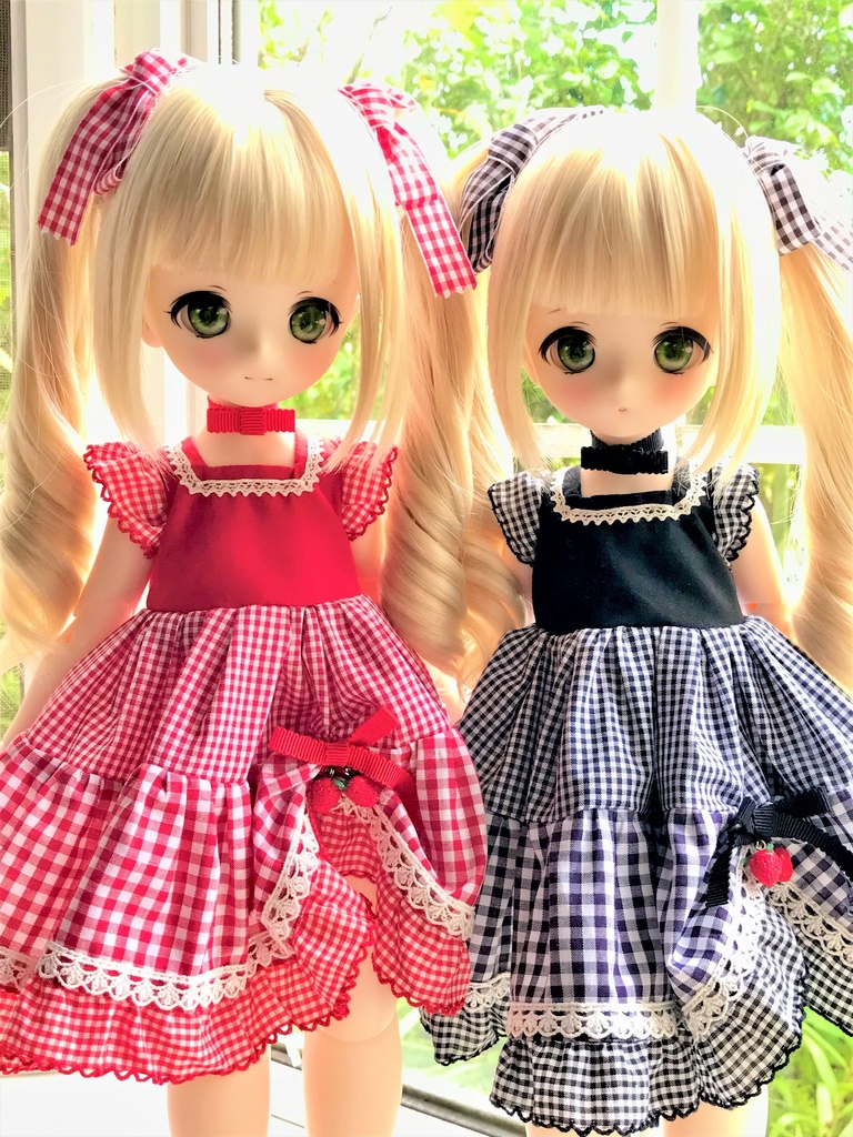 ■KUMAKOちゃん&MDDさん(40cmドール)用ギンガムチェックのティアードワンピース(黒)