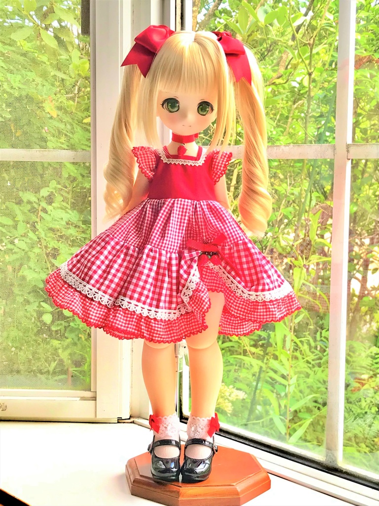 ■KUMAKOちゃん&MDDさん(40cmドール)用ギンガムチェックのティアードワンピース(赤)