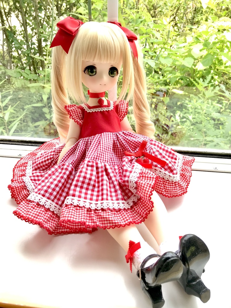 ■KUMAKOちゃん&MDDさん(40cmドール)用ギンガムチェックのティアードワンピース(赤)