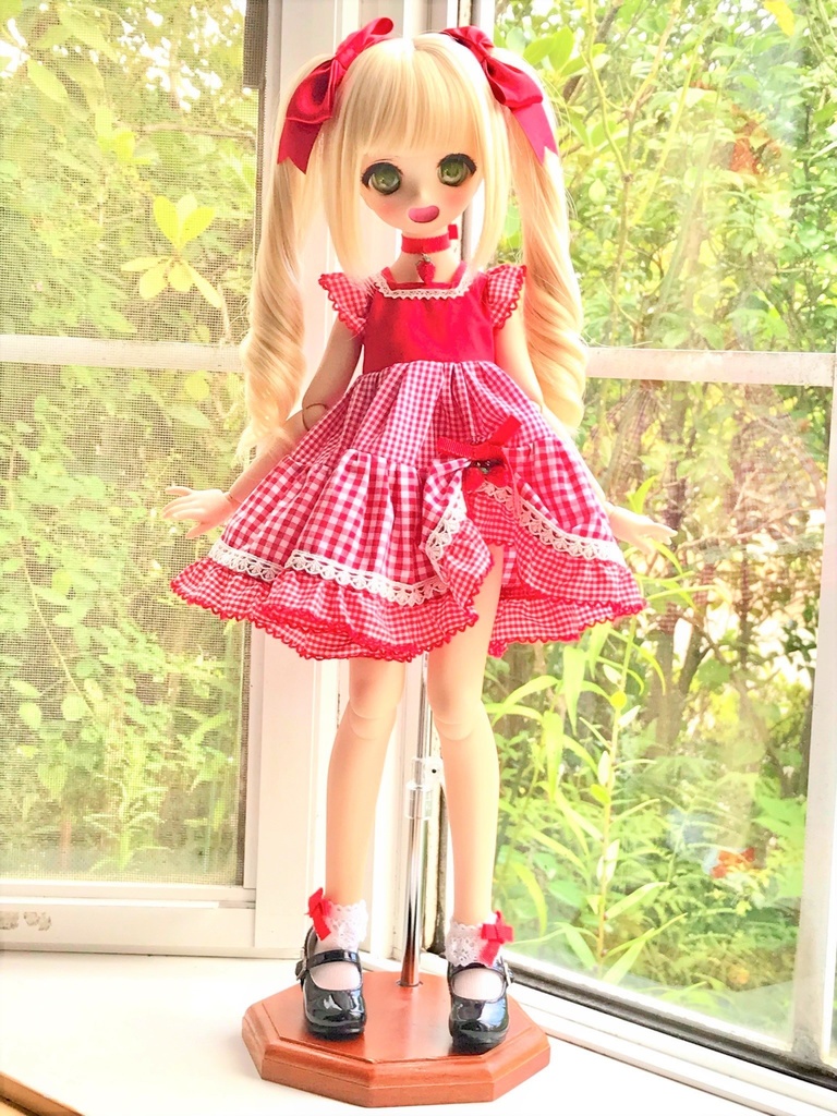 ■KUMAKOちゃん&MDDさん(40cmドール)用ギンガムチェックのティアードワンピース(赤)