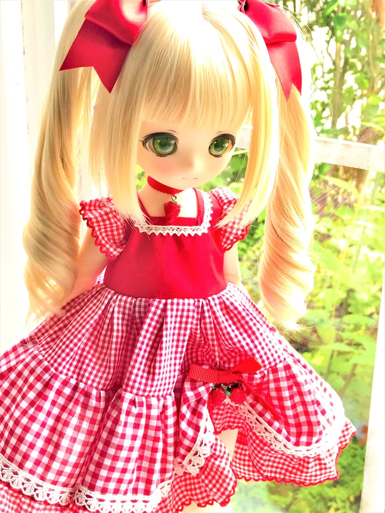 ■KUMAKOちゃん&MDDさん(40cmドール)用ギンガムチェックのティアードワンピース(赤)