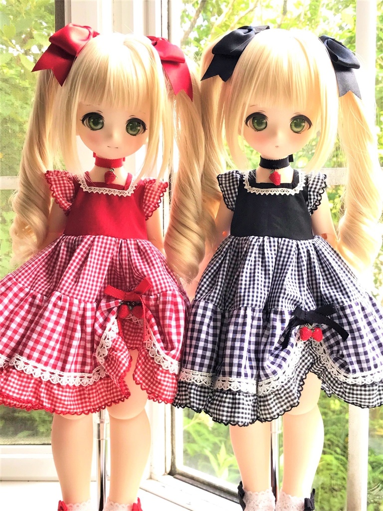 ■KUMAKOちゃん&MDDさん(40cmドール)用ギンガムチェックのティアードワンピース(赤)