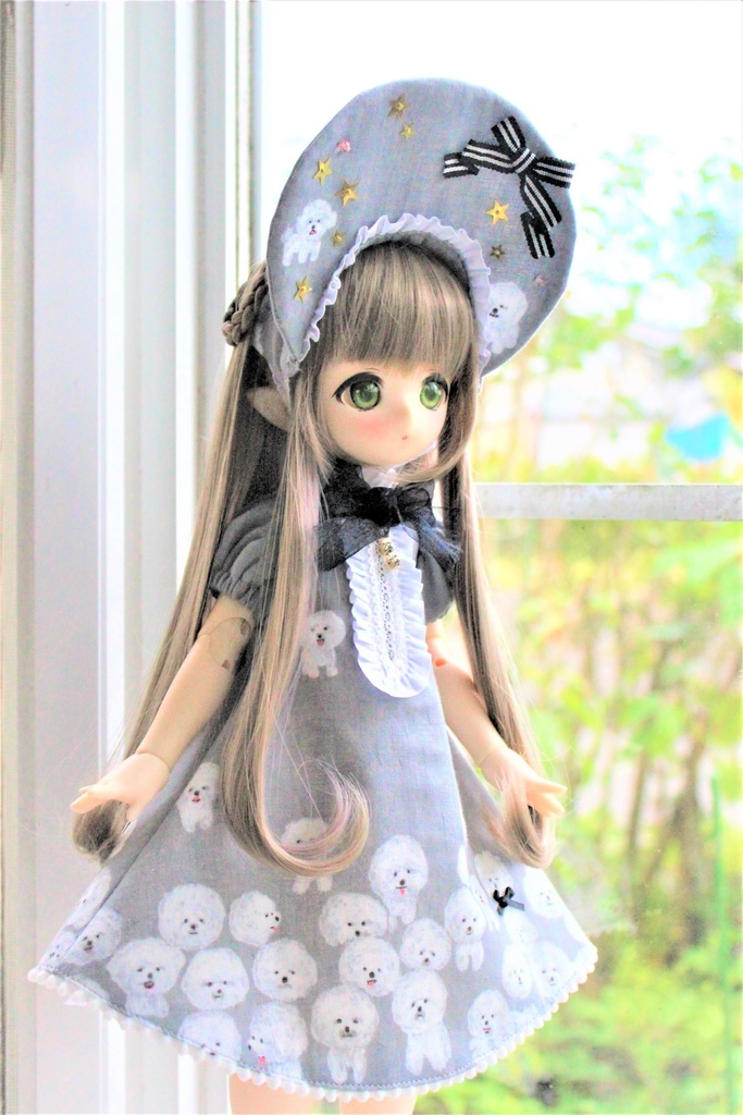 ■KUMAKOちゃん&MDDさん(40cmドール)用わんわんわんこのワンピースセット(夜のとばり(グレー))