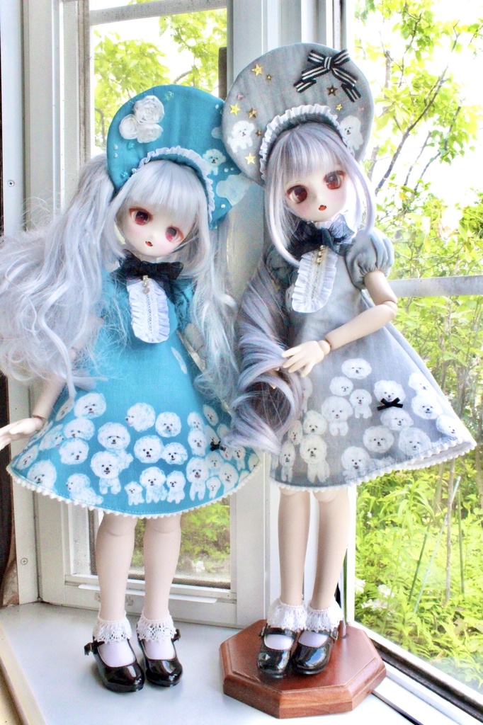 ■KUMAKOちゃん&MDDさん(40cmドール)用わんわんわんこのワンピースセット(夜のとばり(グレー))