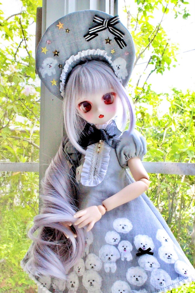 ■KUMAKOちゃん&MDDさん(40cmドール)用わんわんわんこのワンピースセット(夜のとばり(グレー))