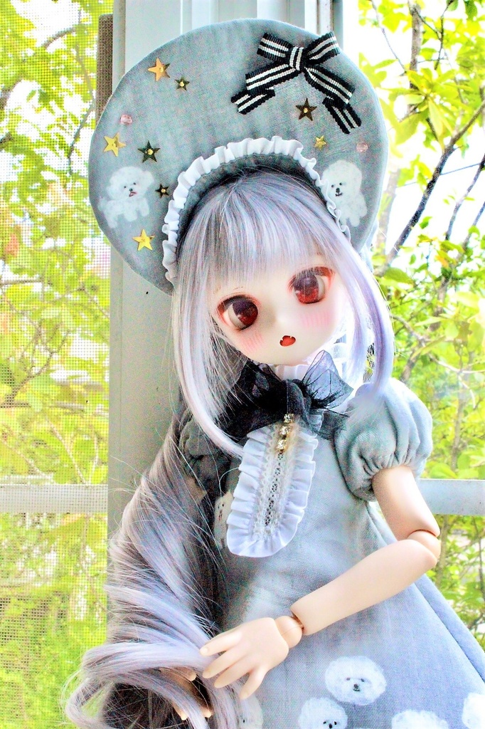 ■KUMAKOちゃん&MDDさん(40cmドール)用わんわんわんこのワンピースセット(夜のとばり(グレー))