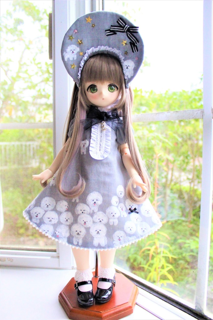 ■KUMAKOちゃん&MDDさん(40cmドール)用わんわんわんこのワンピースセット(夜のとばり(グレー))