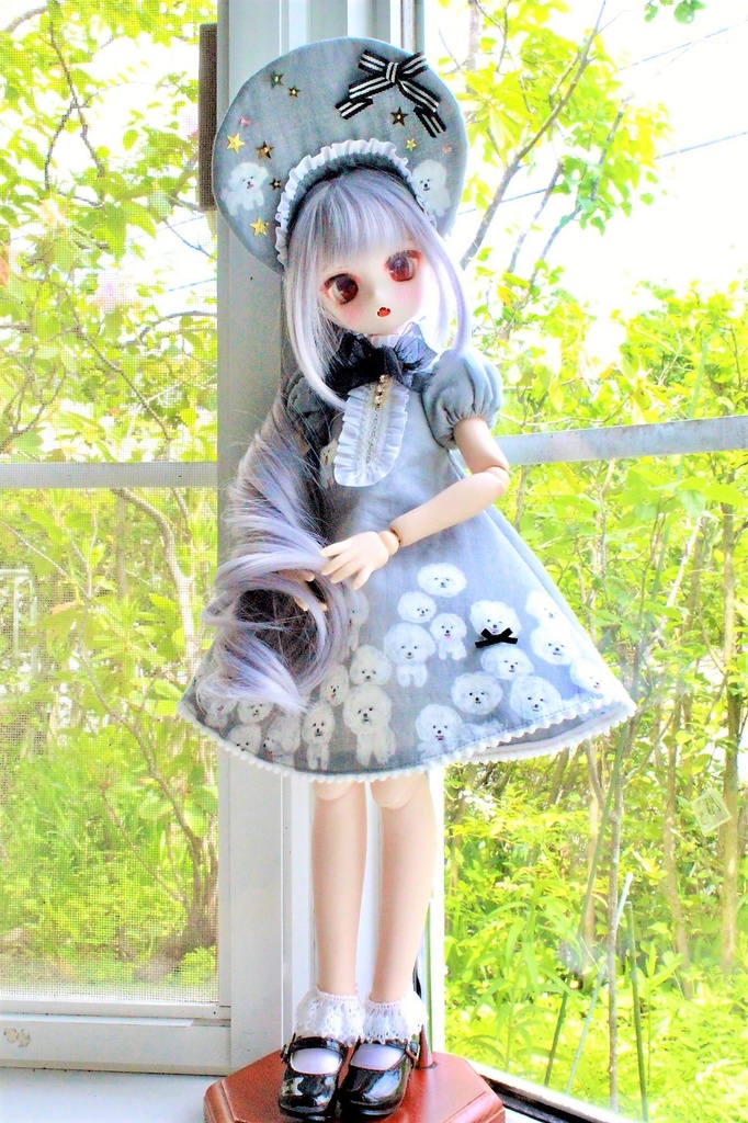 ■KUMAKOちゃん&MDDさん(40cmドール)用わんわんわんこのワンピースセット(夜のとばり(グレー))