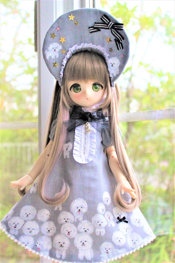 ■KUMAKOちゃん&MDDさん(40cmドール)用わんわんわんこのワンピースセット(夜のとばり(グレー))