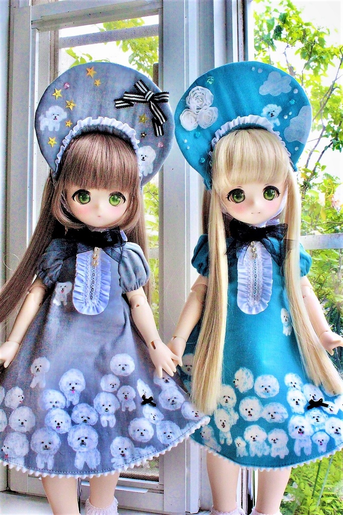 ■KUMAKOちゃん&MDDさん(40cmドール)用わんわんわんこのワンピースセット(朝のひばり(水色))