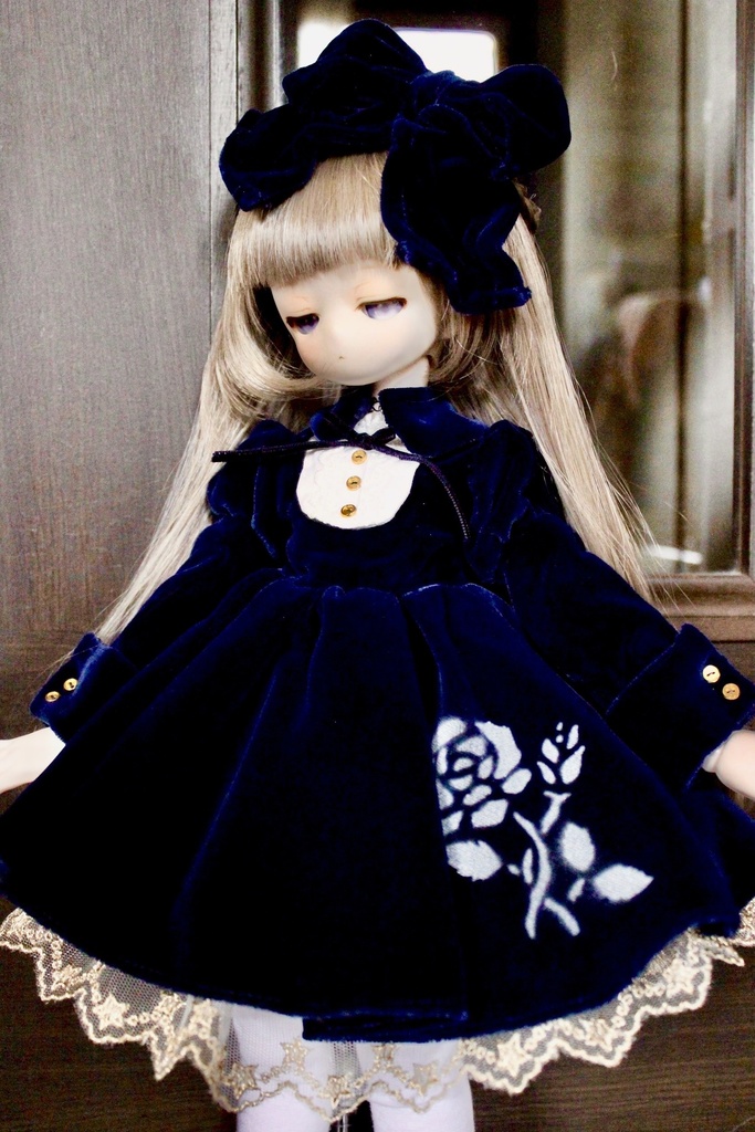 ■KUMAKOちゃん&MDDさん(40cmドール)用 ベルベットドレスセット(ネイビー