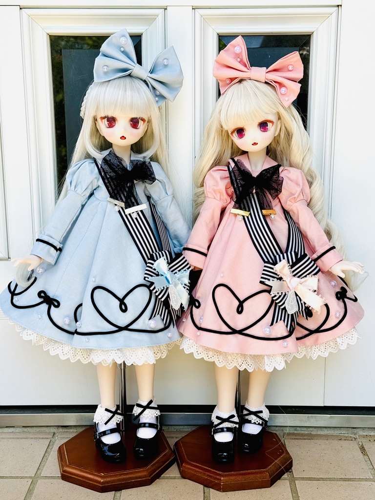 ■ (ワンオフ)MDDさん&KUMAKOちゃん(40cmドール)用ハート&リボンラインのワンピースセット(ピンク)