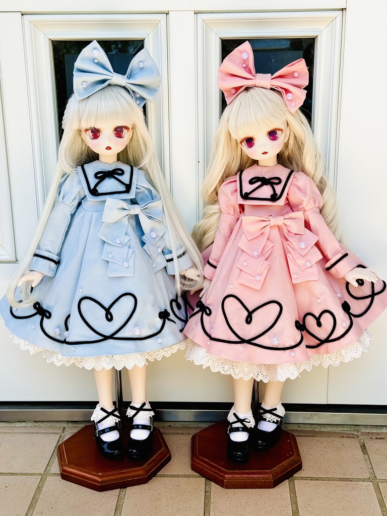 ■ (ワンオフ)MDDさん&KUMAKOちゃん(40cmドール)用ハート&リボンラインのワンピースセット(ピンク)