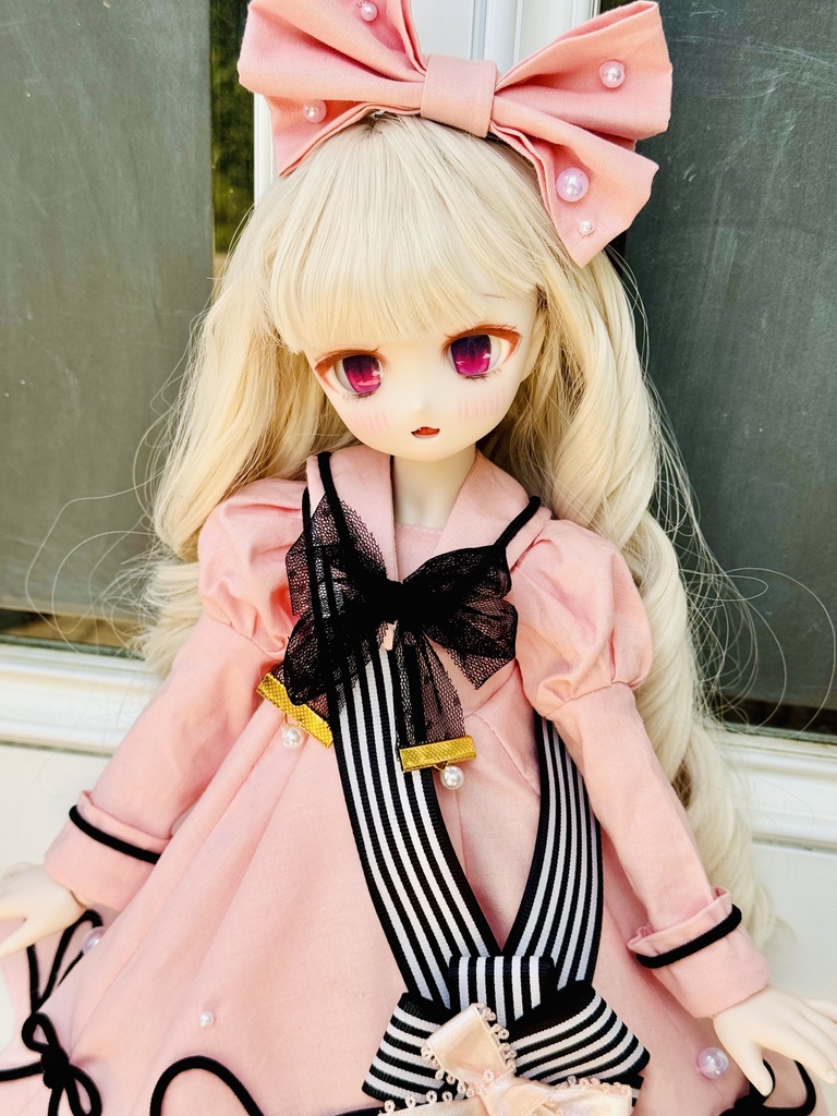 ■ (ワンオフ)MDDさん&KUMAKOちゃん(40cmドール)用ハート&リボンラインのワンピースセット(ピンク)