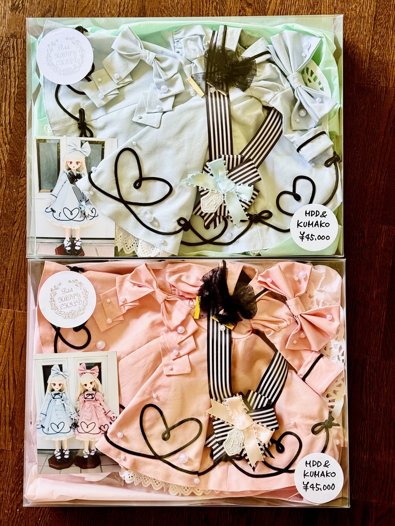 ■ (ワンオフ)MDDさん&KUMAKOちゃん(40cmドール)用ハート&リボンラインのワンピースセット(ピンク)