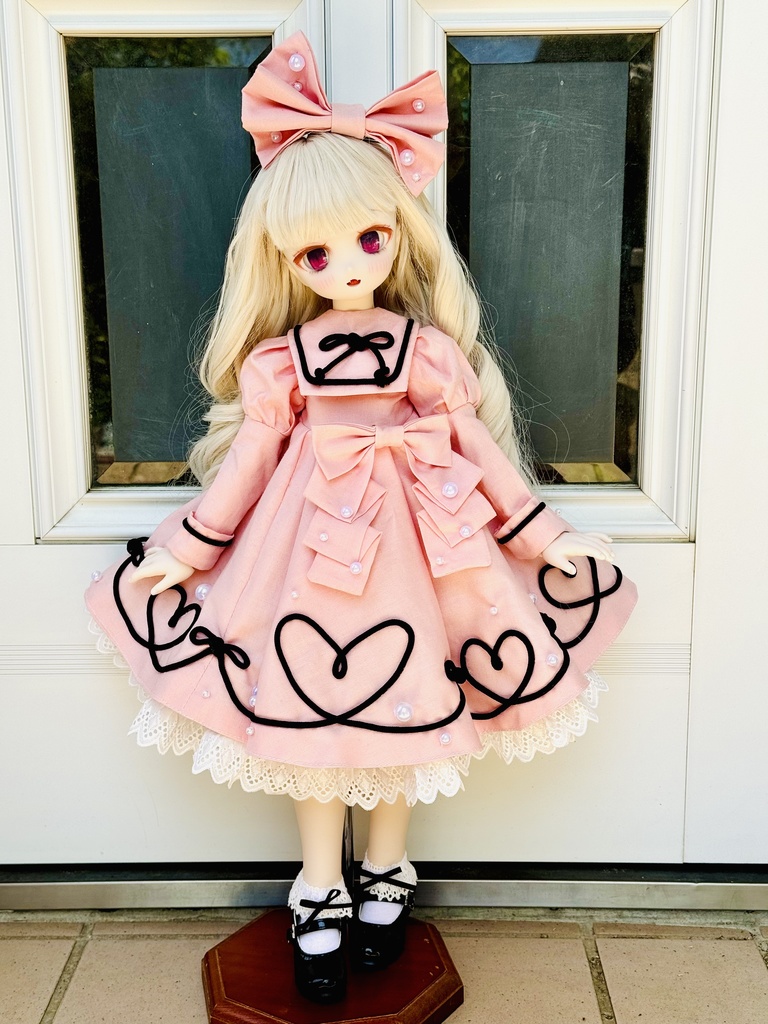 ■ (ワンオフ)MDDさん&KUMAKOちゃん(40cmドール)用ハート&リボンラインのワンピースセット(ピンク)