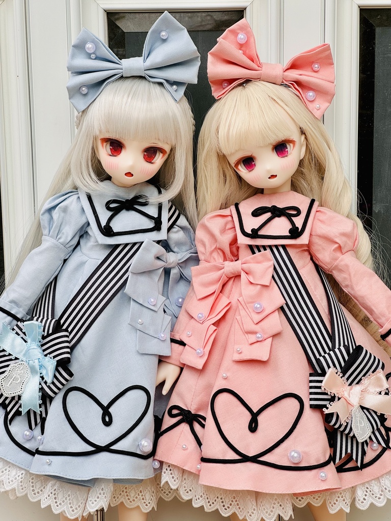 ■ (ワンオフ)MDDさん&KUMAKOちゃん(40cmドール)用ハート&リボンラインのワンピースセット(ピンク)