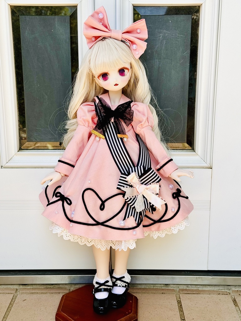 ■ （ワンオフ）MDDさん&KUMAKOちゃん(40cmドール）用ハート&リボンラインのワンピースセット(ピンク)