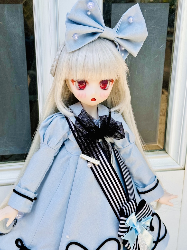 ■ (ワンオフ)MDDさん&KUMAKOちゃん(40cmドール)用ハート&リボンラインのワンピースセット(サックス)