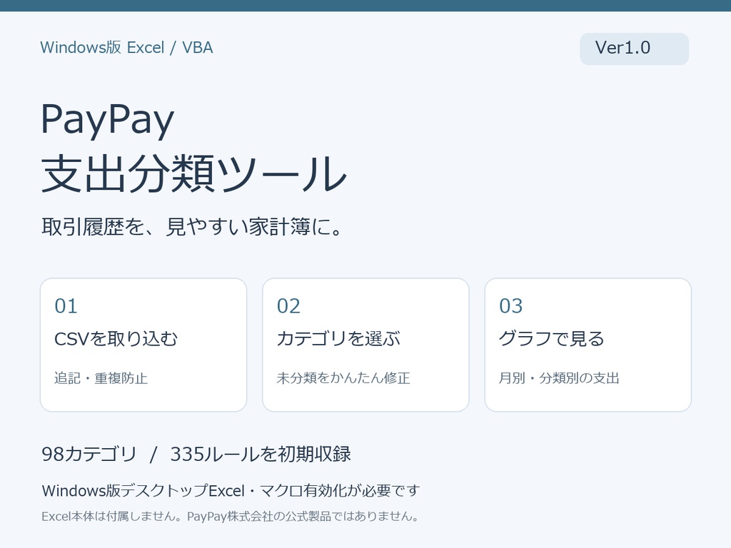 【Windows版Excel】PayPay支出分類ツール｜CSV取込・自動分類・支出グラフ［Ver1.0］