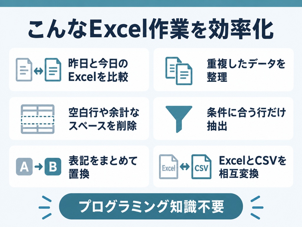 Excel作業効率化スタジオ|比較・重複チェック・整理・抽出・一括置換・CSV変換