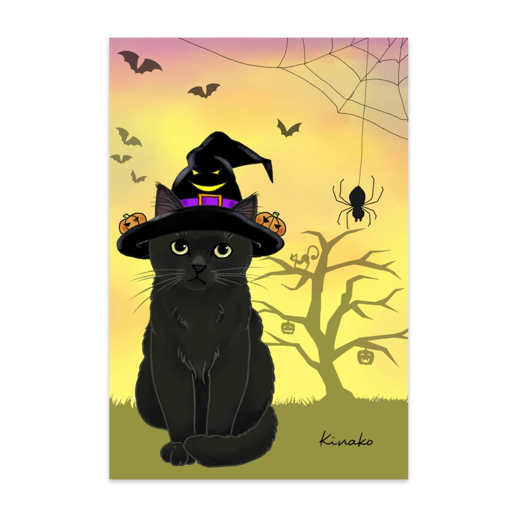 ハロウィンポストカード 黒猫 Kinako Japan Booth