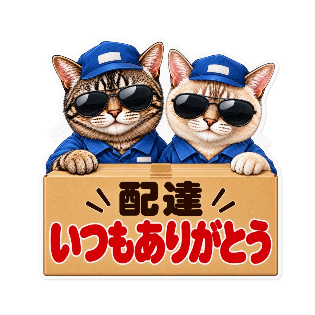 圧つよ猫ステッカー｜配達いつもありがとう｜銀次郎＆Q太郎