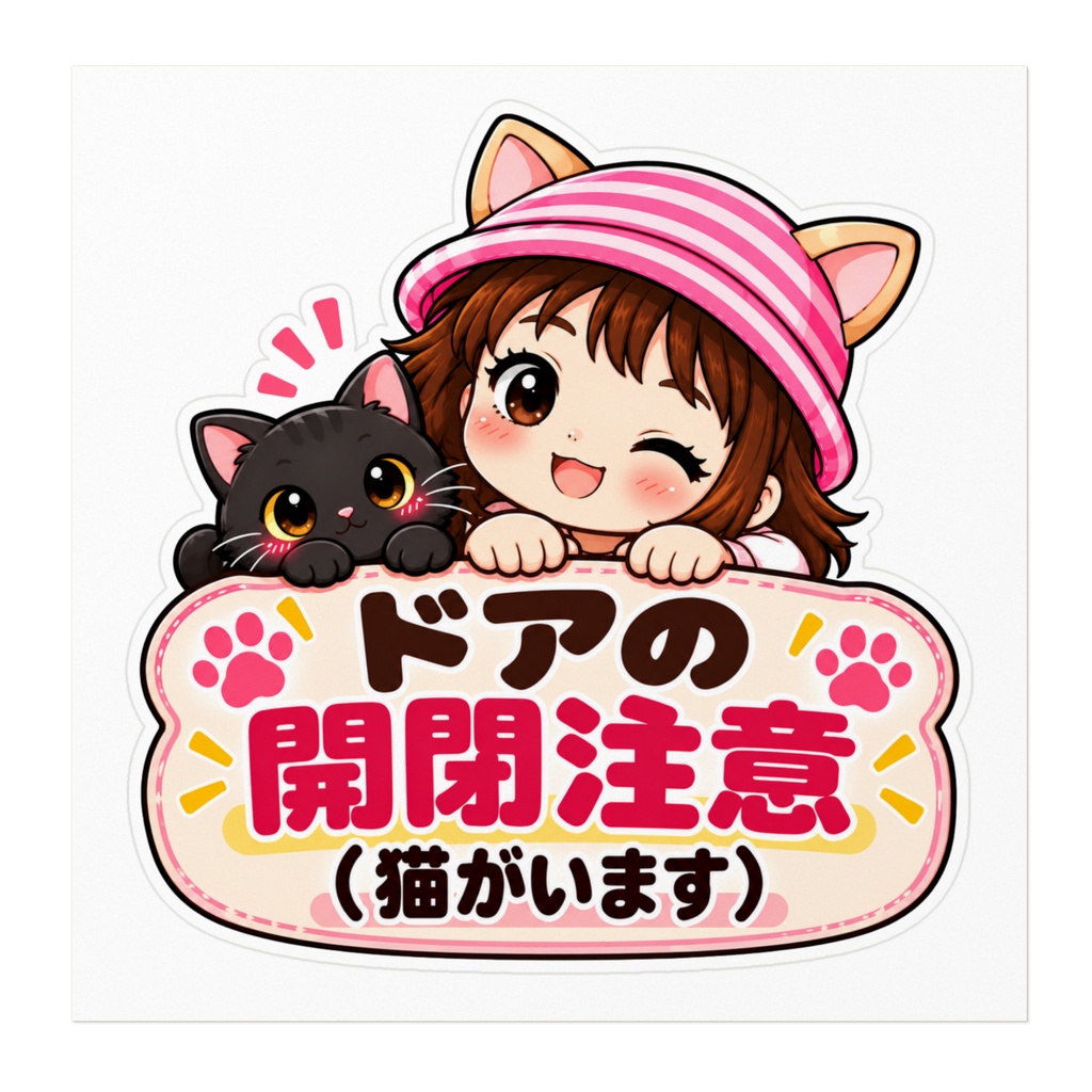 ひーちゃんの猫耳ちゃんステッカー|ドアの開閉注意(猫がいます)