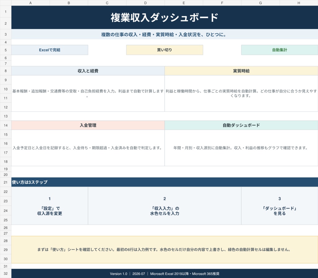 複業収入ダッシュボード|副業の収入・経費・実質時給・入金をExcelで一括管理