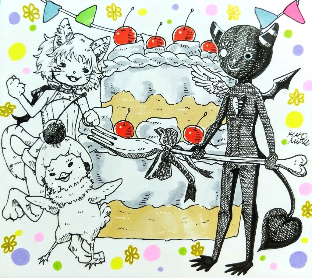 ミニ色紙 ケーキ (アナログ絵 ペン画)