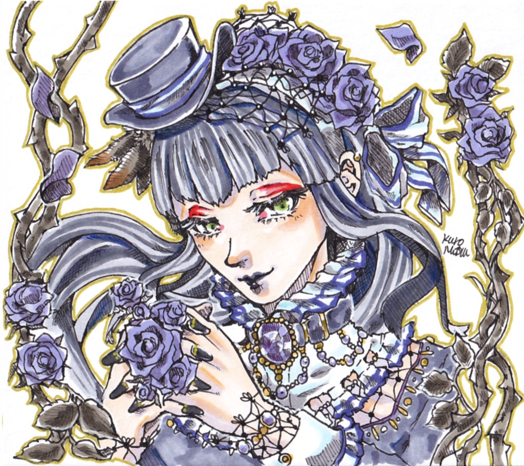 アナログ原画 ミニ色紙 ゴシック乙女(薔薇)